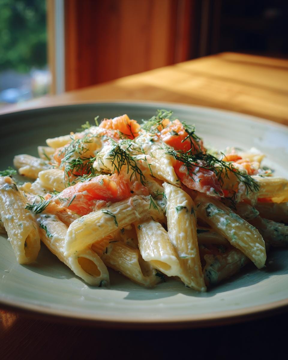 Close-up of Penne mit Räucherlachs und Dill-Rahm, featuring creamy pasta, smoked salmon, and fresh dill.