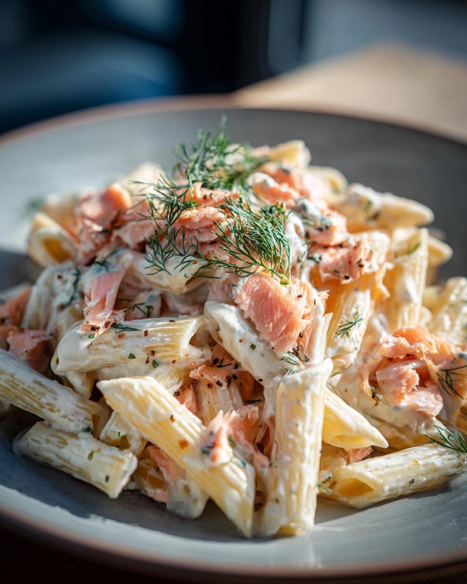 Close-up of Penne mit Räucherlachs und Dill-Rahm, showing the pasta, smoked salmon, creamy sauce, and fresh dill.