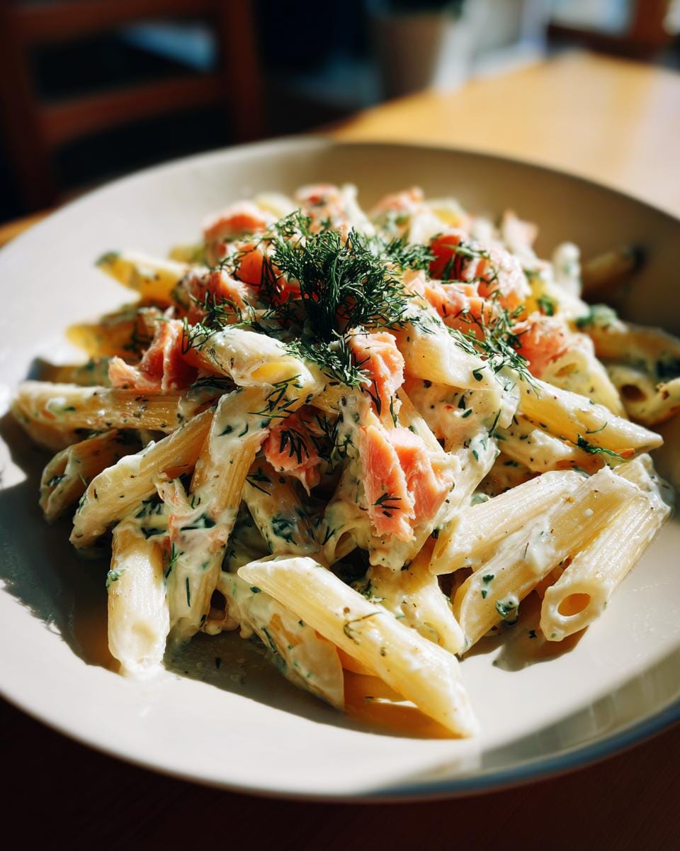 Close-up of Penne mit Räucherlachs und Dill-Rahm, featuring pasta, smoked salmon, and creamy dill sauce.