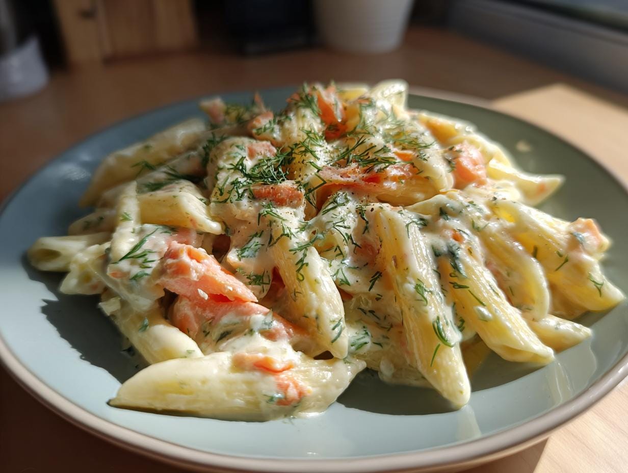 Close-up of Penne mit Räucherlachs und Dill-Rahm, featuring pasta, smoked salmon, creamy dill sauce, and fresh dill.