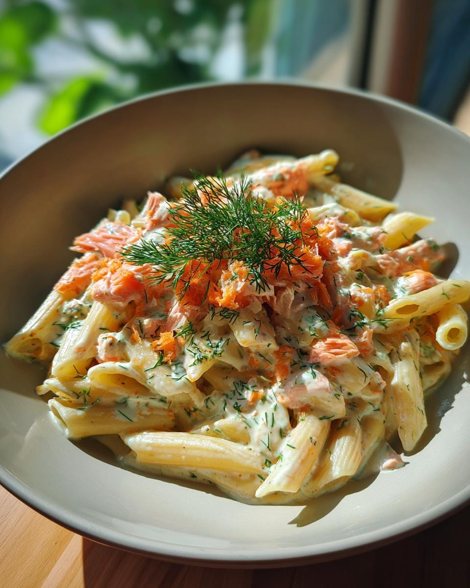 Penne mit Räucherlachs und Dill-Rahm, serviert in einer Schale, garniert mit frischem Dill.
