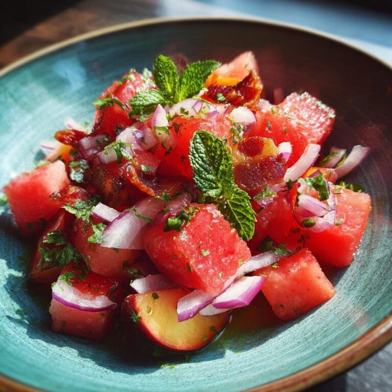 Close-up of Pfirsich-Wassermelonen-Salat with peach, watermelon, red onion, herbs, and crispy bacon in a blue bowl.