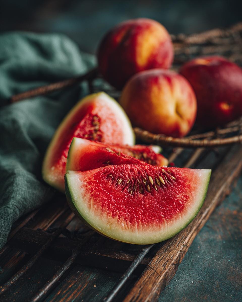 Slices of watermelon and peaches, ingredients for Pfirsich-Wassermelonen-Salat, on a wooden board.