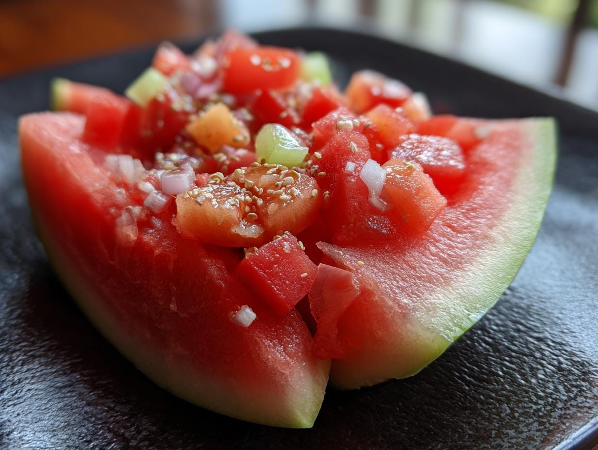 Close-up of Pfirsich-Wassermelonen-Salat (peach watermelon salad) served on a dark plate, featuring diced fruit and sesame seeds.