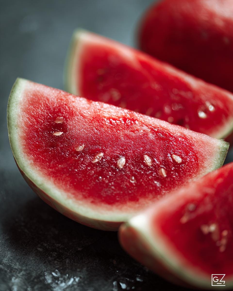 Close-up of juicy watermelon slices, ready for a refreshing Pfirsich-Wassermelonen-Salat.