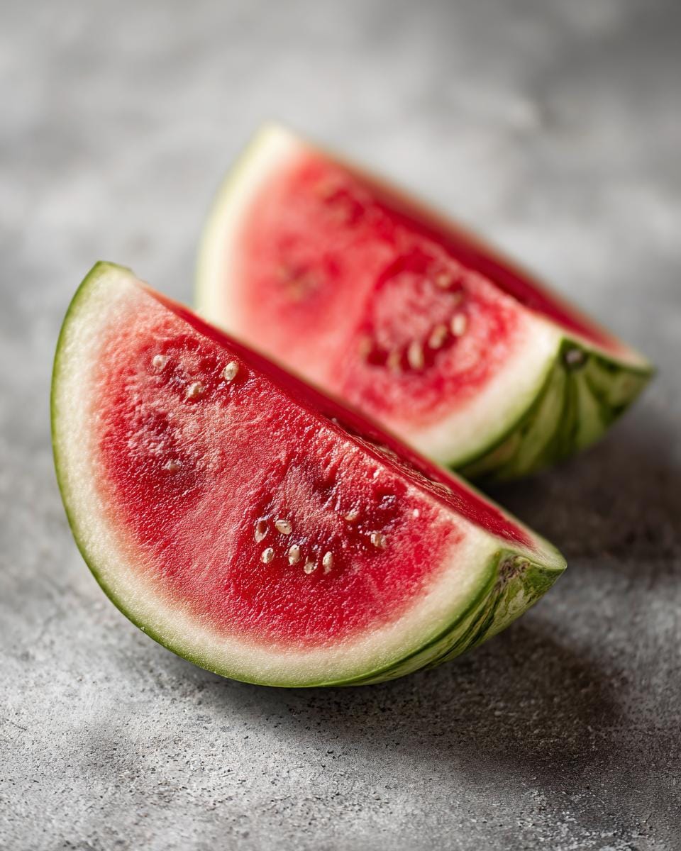 Two juicy watermelon slices, ready for Pfirsich-Wassermelonen-Salat, on a textured gray surface.