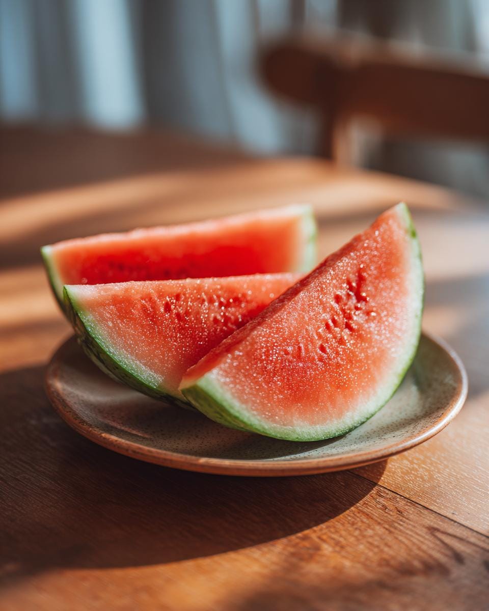 Three slices of juicy watermelon on a plate, ready for Pfirsich-Wassermelonen-Salat.