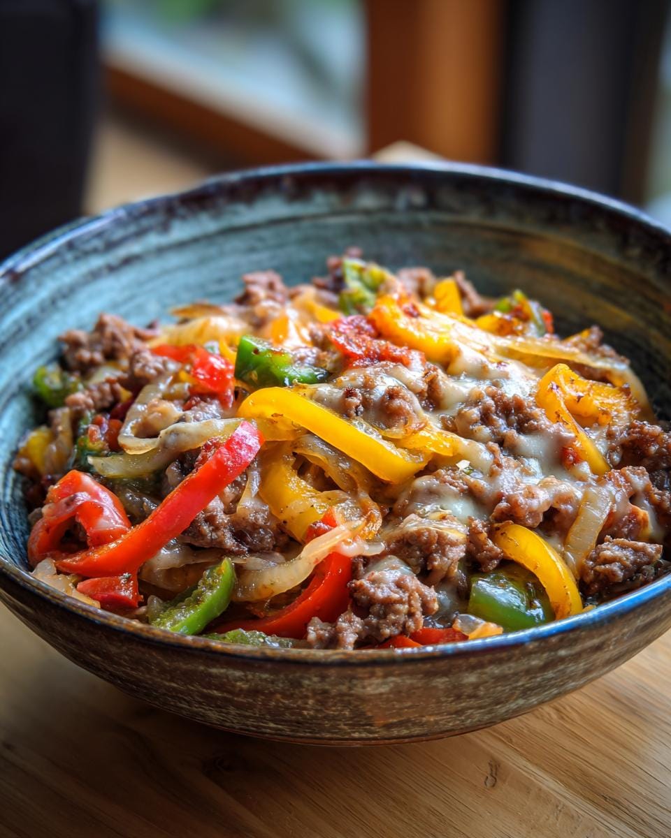 Close-up of Philly-Cheesesteak-Bowls with beef, peppers, onions, and melted cheese in a rustic bowl.