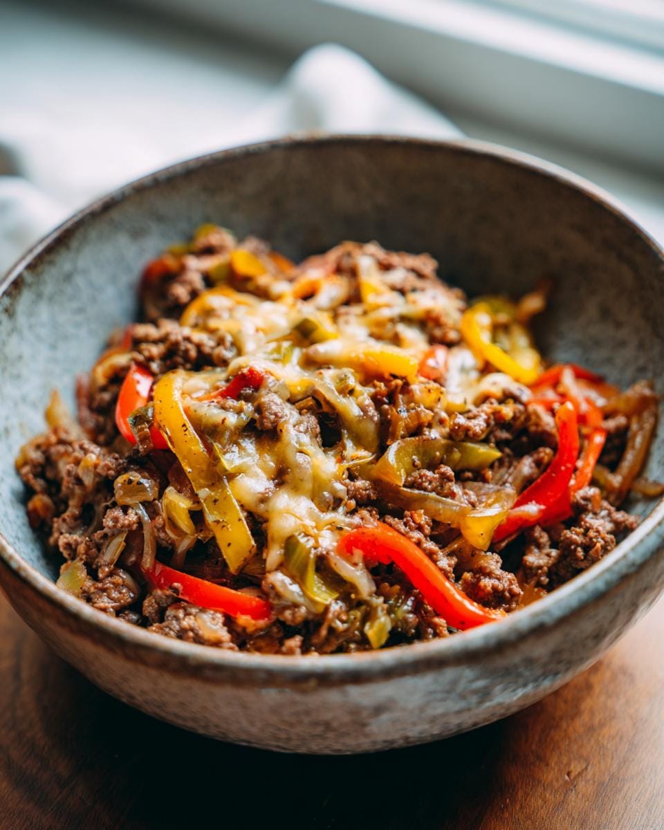 Close-up of Philly-Cheesesteak-Bowls with ground beef, peppers, onions, and melted cheese in a rustic bowl.