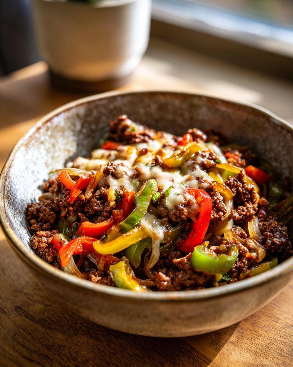 Close-up of Philly-Cheesesteak-Bowls with ground beef, melted cheese, and colorful bell peppers.