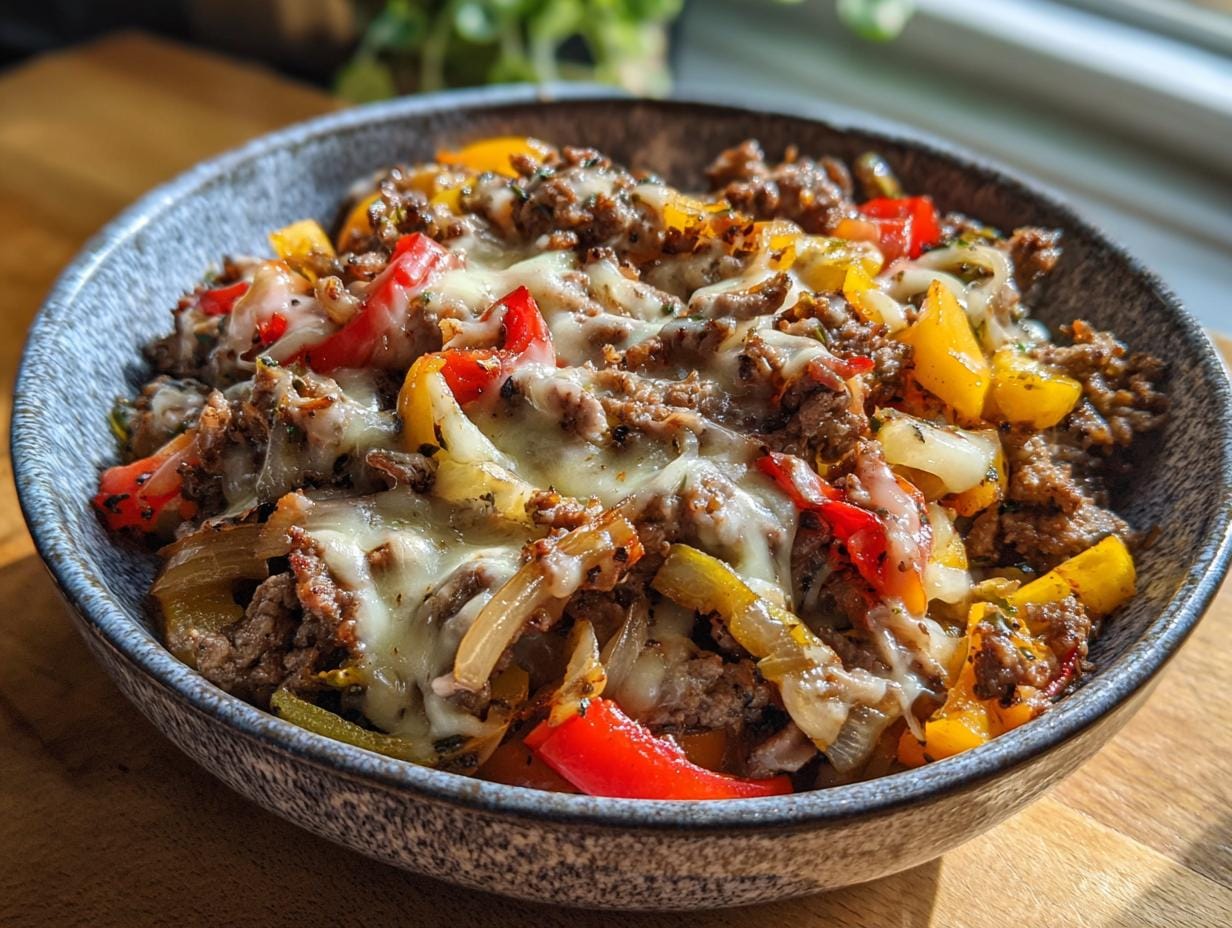 Close-up of Philly-Cheesesteak-Bowls featuring beef, peppers, onions, and melted cheese in a bowl.