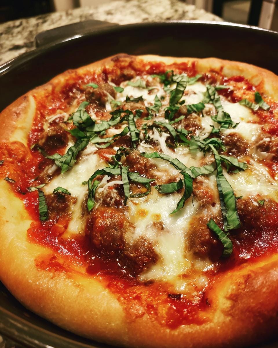 Overhead view of a freshly baked Pizzasuppe, topped with melted cheese, basil and meat.