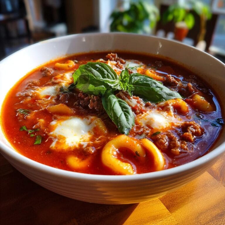 Close-up of a bowl of Pizzasuppe, garnished with fresh basil and creamy cheese.