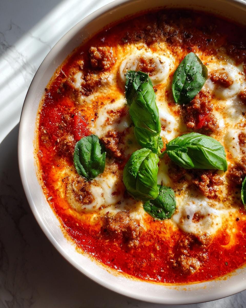 Overhead view of a bowl of Pizzasuppe with melted cheese, meat, and fresh basil leaves.