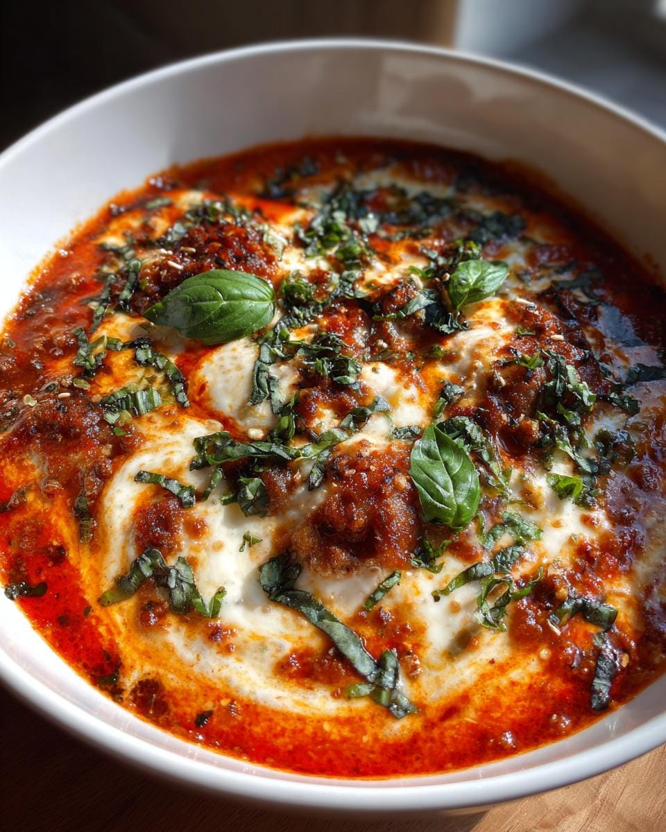 Bowl of Pizzasuppe with tomato sauce, creamy cheese, and fresh basil topping.