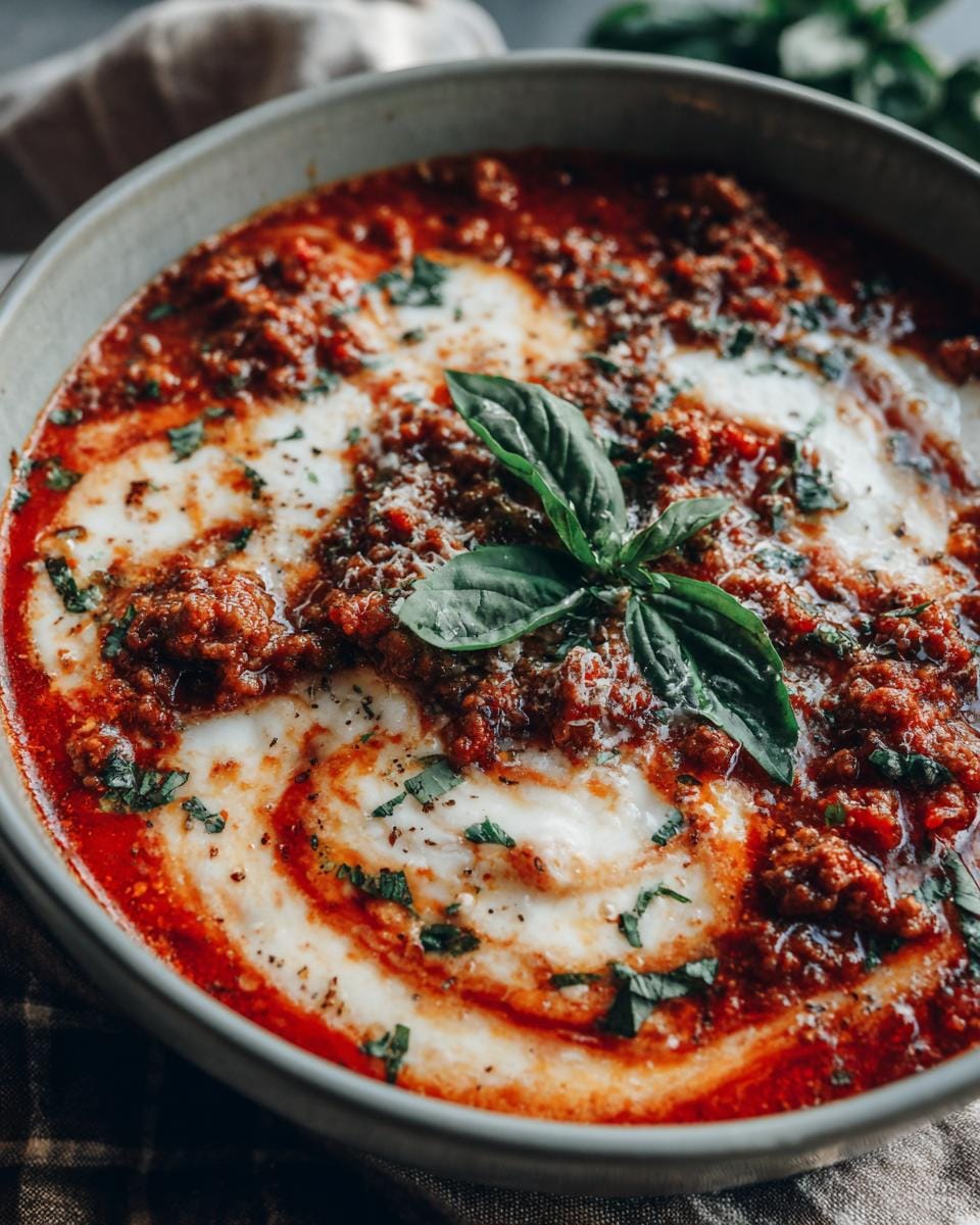 Close-up of Pizzasuppe in a bowl, garnished with fresh basil and a swirl of cream.