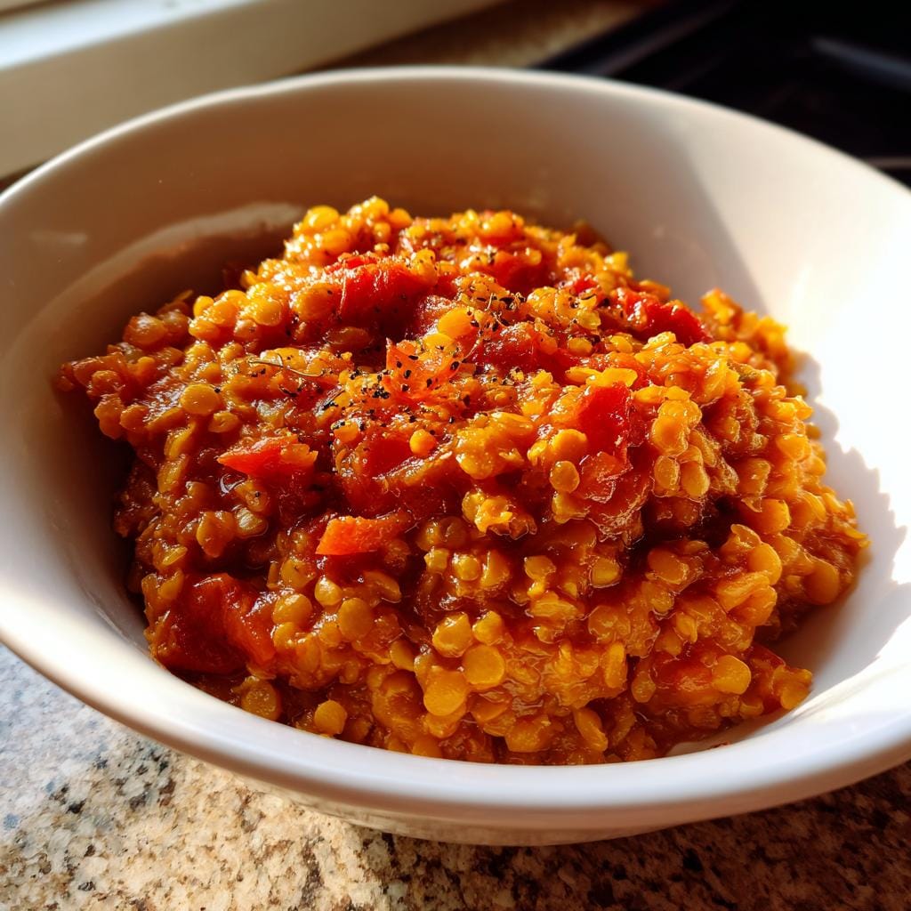 A bowl of homemade Pizzasuppe, a hearty and flavorful German soup, ready to eat.