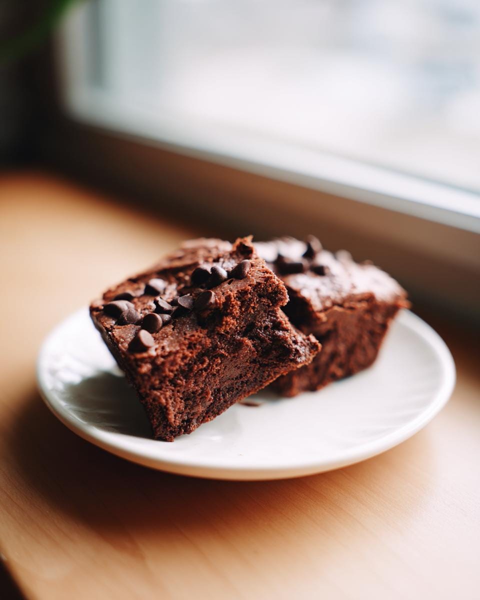Two squares of rich Protein-Brownie topped with chocolate chips on a white plate.