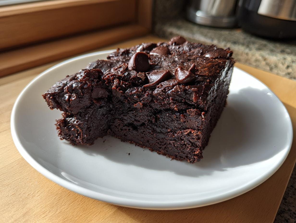 A moist, rich Protein-Brownie on a white plate, topped with chocolate chips. Perfect for a healthy treat.
