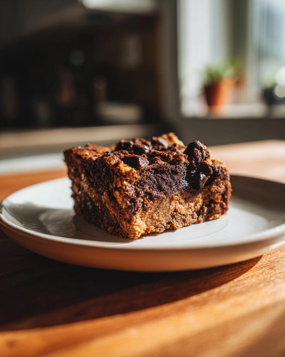 A single slice of Protein-Brownie on a plate, showing its rich texture and chocolate chips.