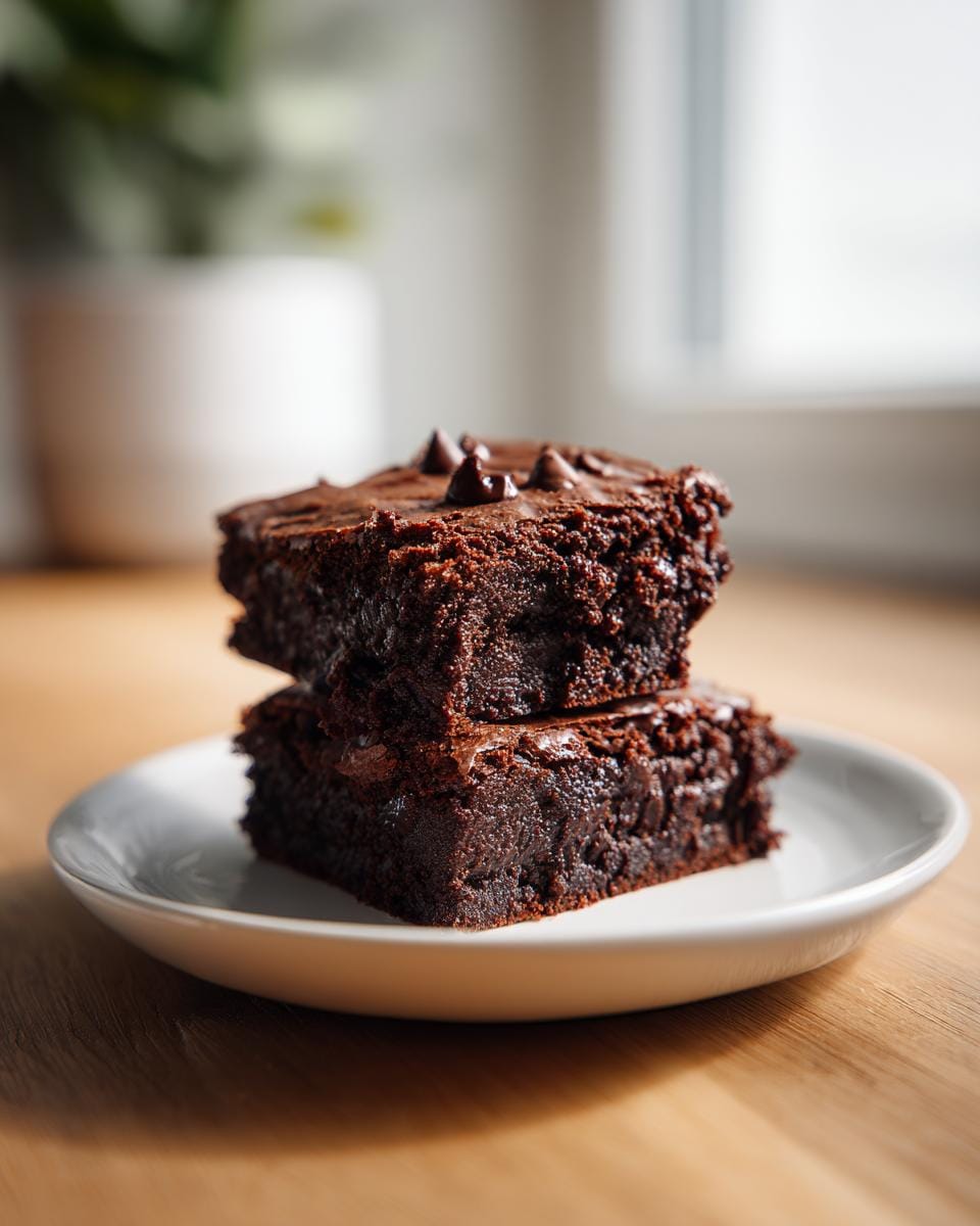 Two stacked Protein-Brownie squares on a white plate, showing a rich, dark chocolate texture and chocolate chips.