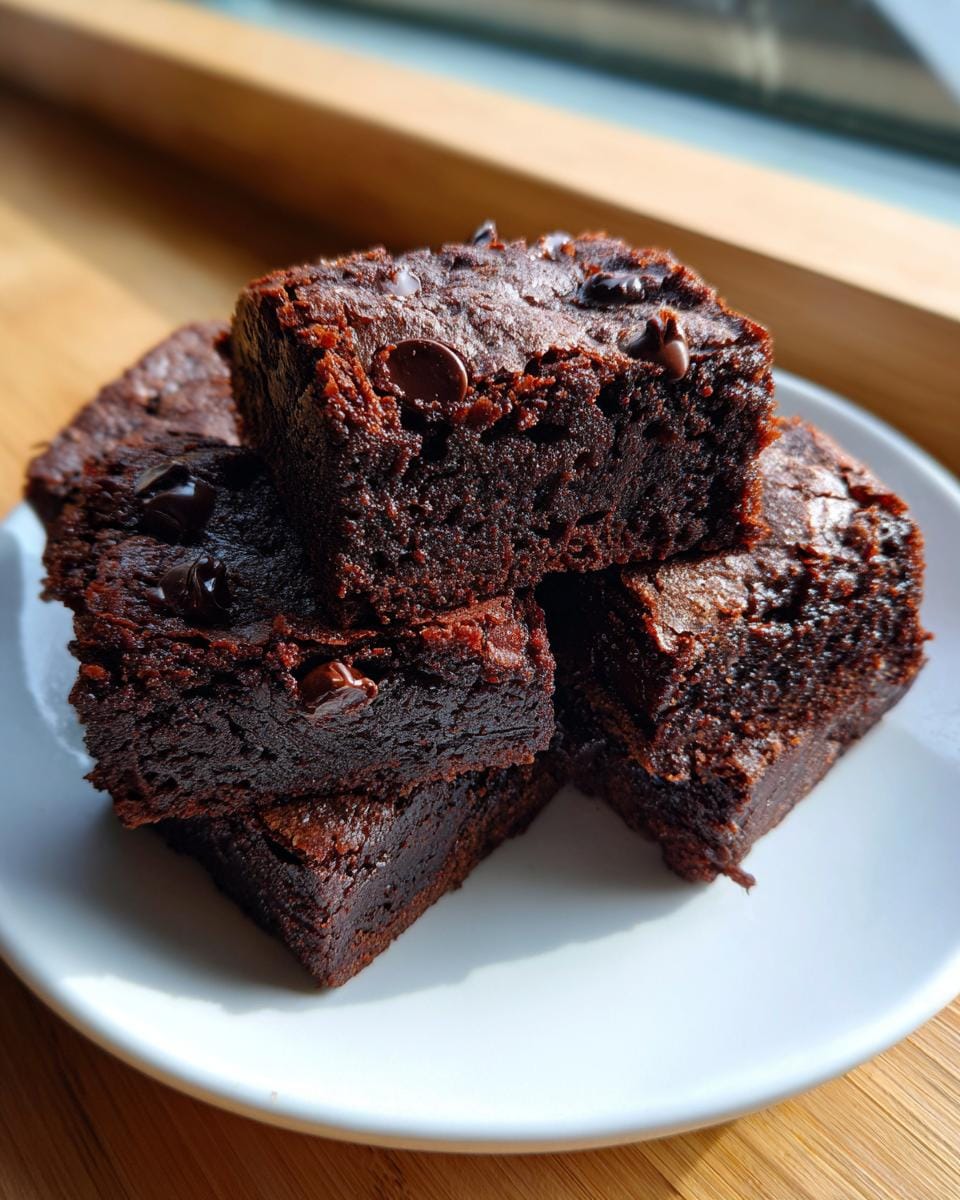 A stack of delicious Protein-Brownies topped with chocolate chips on a white plate.