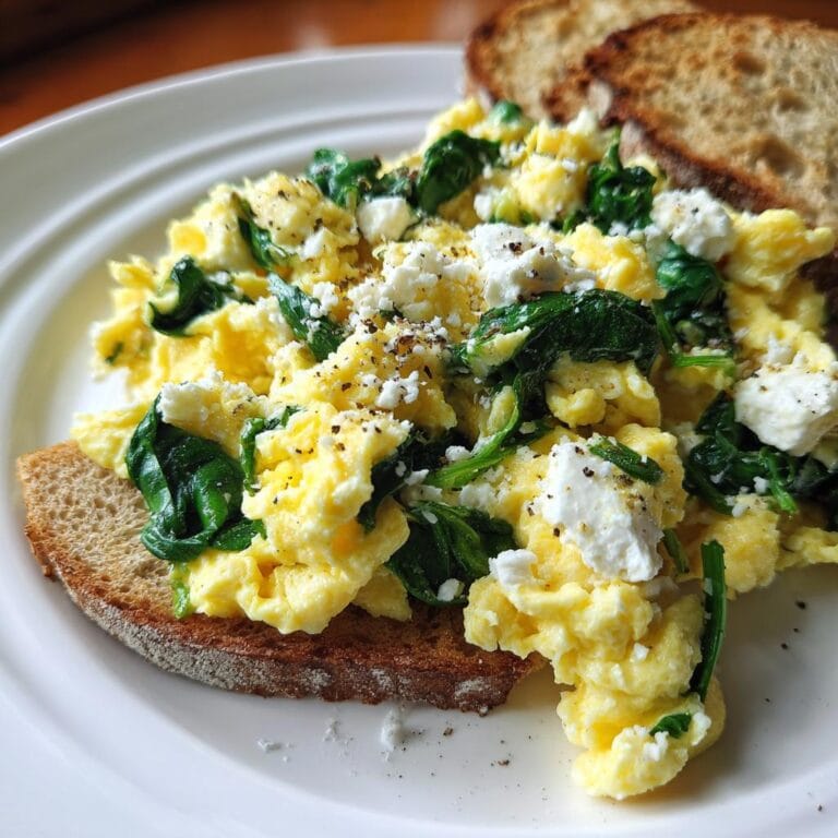 Delicious Protein-Frühstücksrezepte with scrambled eggs, spinach, feta, and toast.