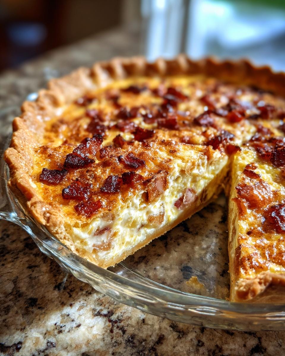 Close-up of Quiche Lorraine mit Speck und Zwiebeln with a slice cut out, showing the bacon and onion filling.