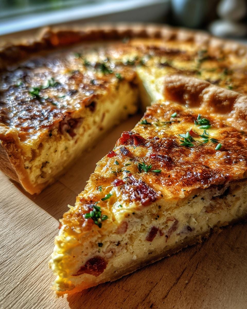 A delicious slice of Quiche Lorraine mit Speck und Zwiebeln on a wooden board, garnished with fresh herbs.