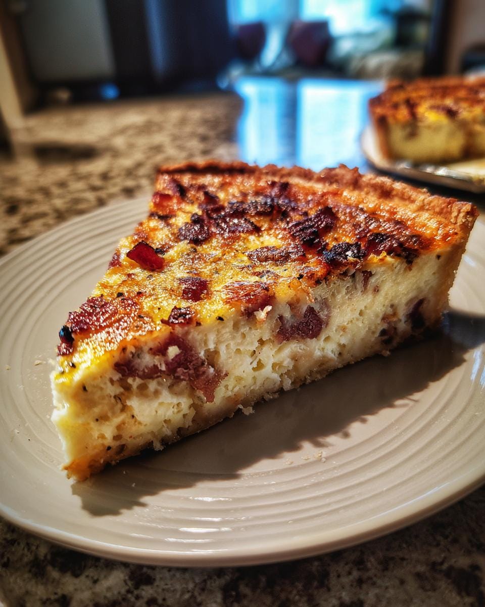 A slice of Quiche Lorraine mit Speck und Zwiebeln on a plate, showcasing the bacon and onion filling.