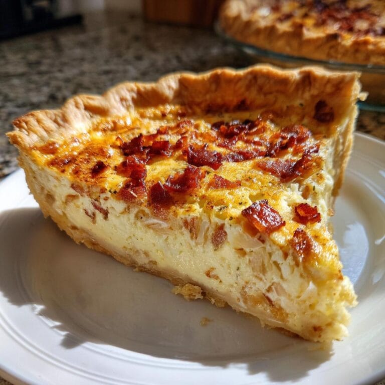 A slice of Quiche Lorraine mit Speck und Zwiebeln on a white plate, showcasing the bacon and onion filling.