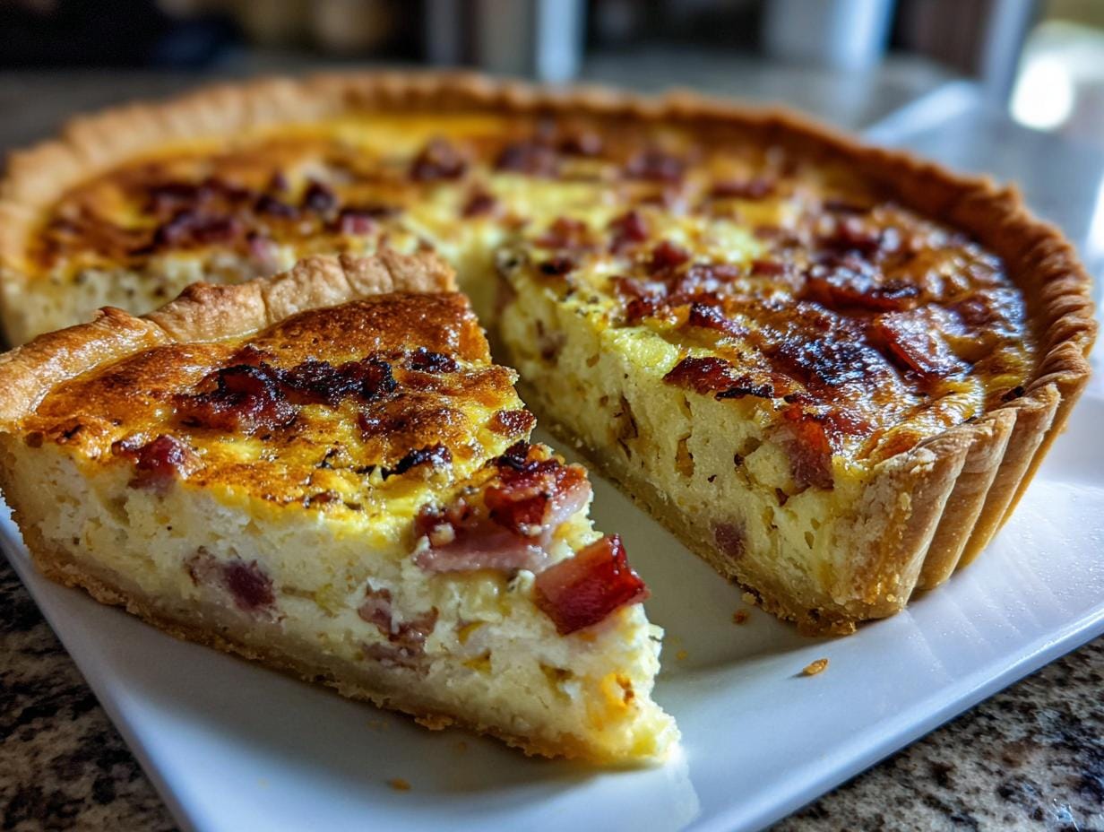 A delicious slice of Quiche Lorraine mit Speck und Zwiebeln, showcasing the creamy filling and crispy bacon.