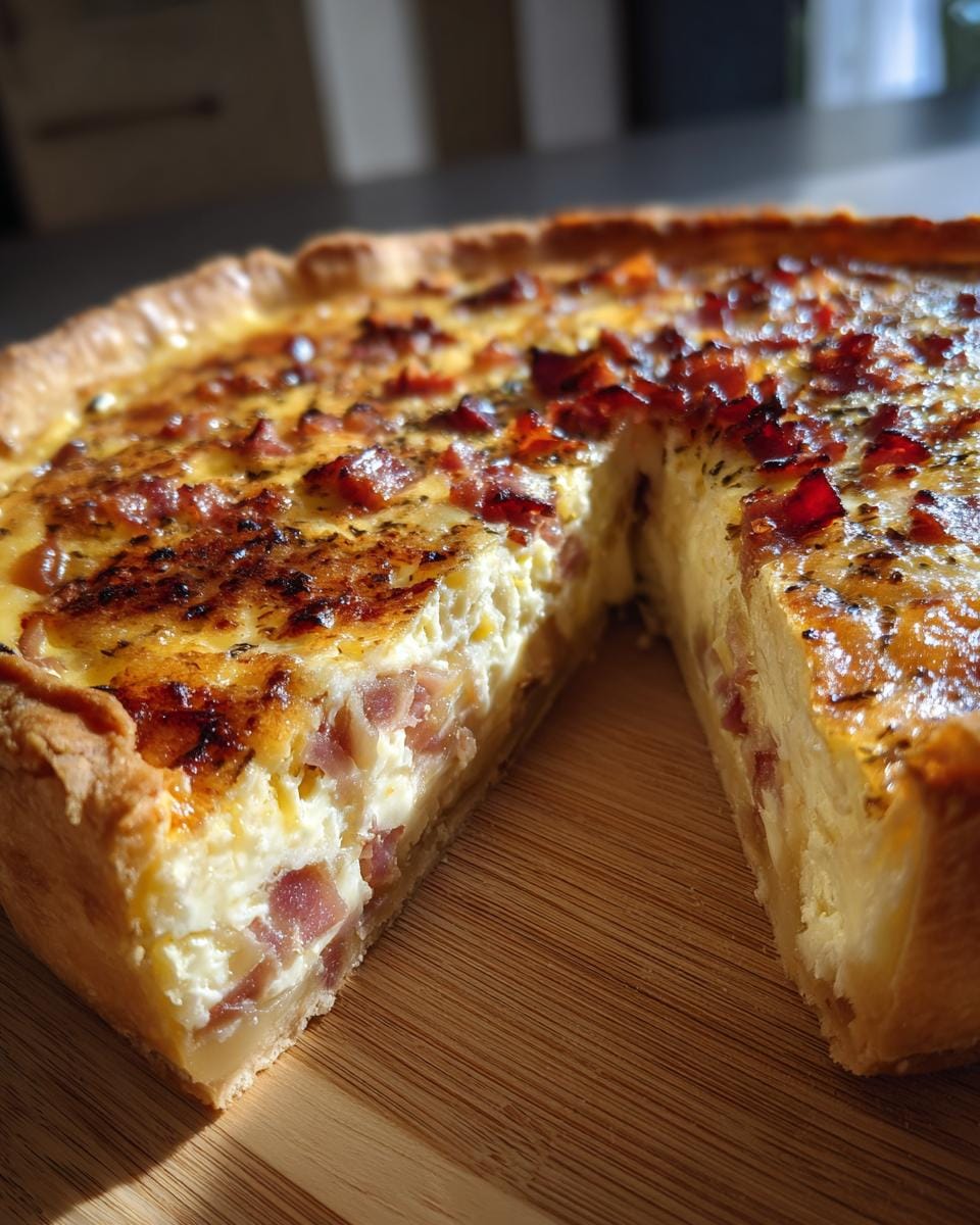 Delicious Quiche Lorraine mit Speck und Zwiebeln on a wooden board, with a slice cut out.