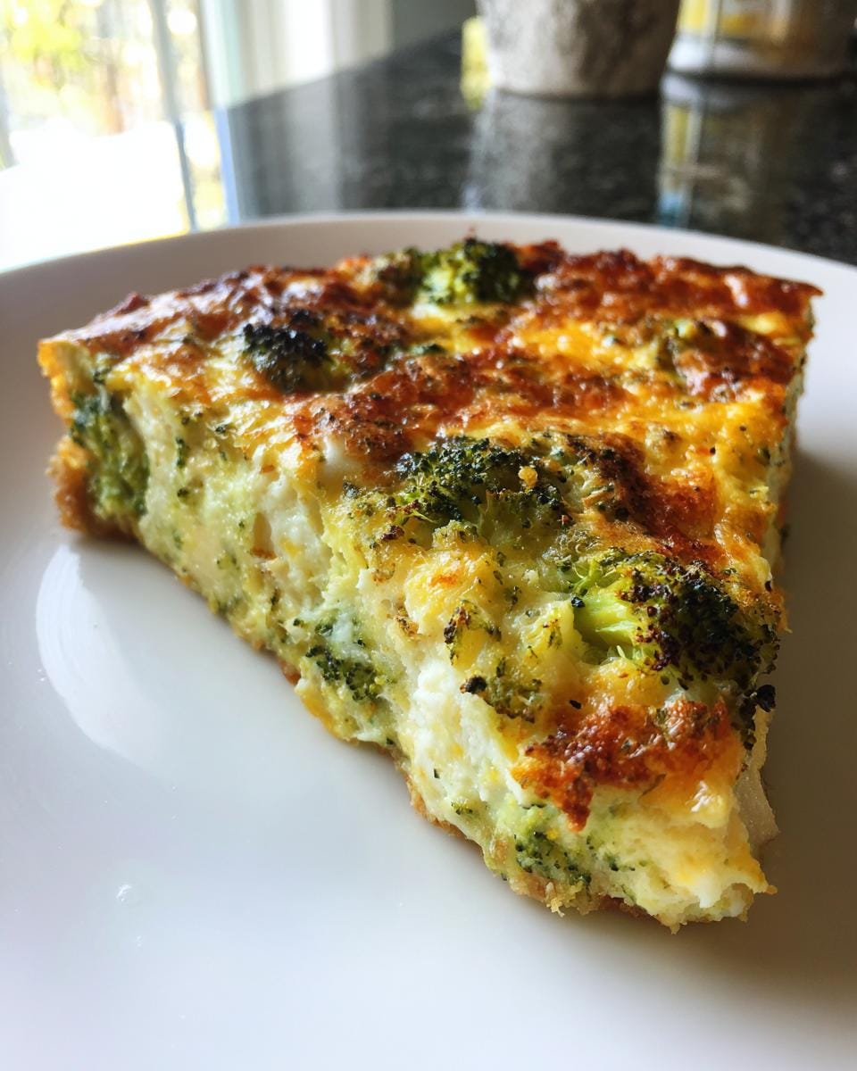 A slice of Quiche mit Brokkoli und Käse on a white plate, showing the broccoli and cheese filling.