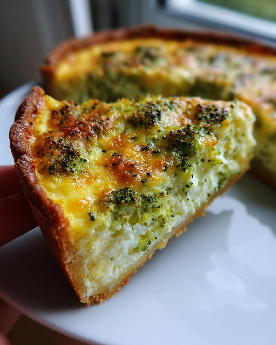A slice of Quiche mit Brokkoli und Käse on a white plate, showcasing the cheesy broccoli filling and golden crust.