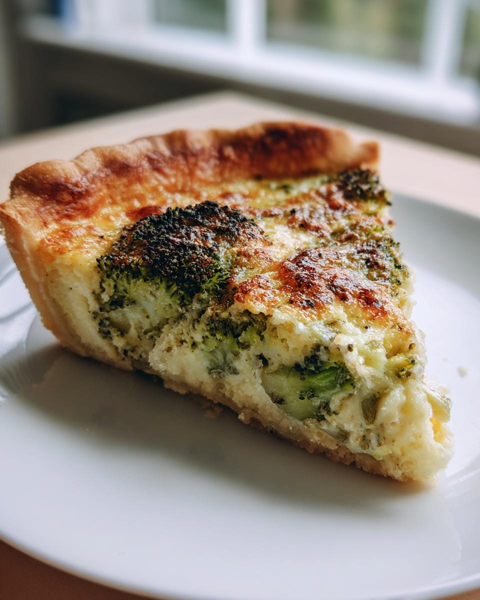 A slice of Quiche mit Brokkoli und Käse on a white plate, showcasing the broccoli and cheese filling.