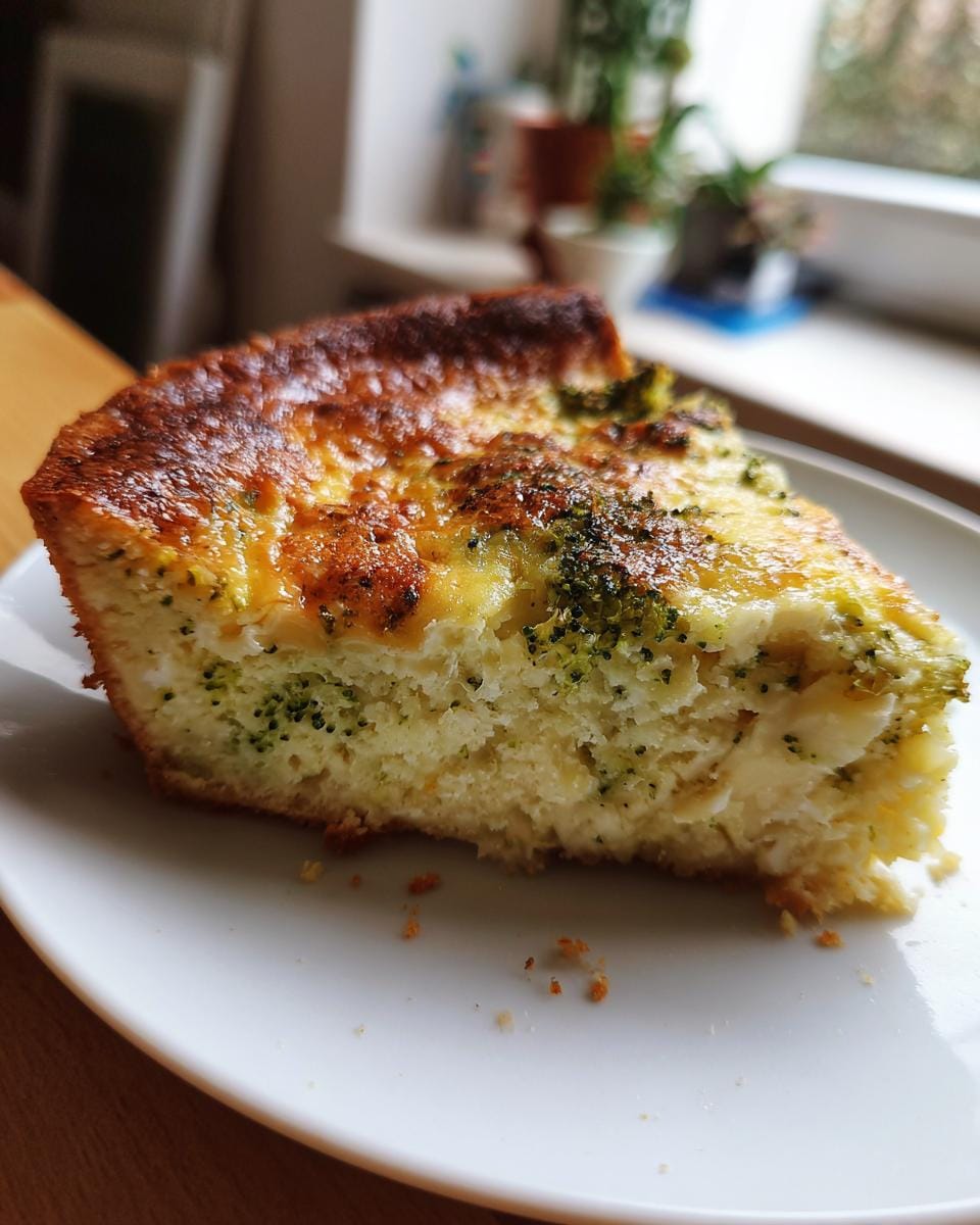 A slice of Quiche mit Brokkoli und Käse on a white plate, showcasing the broccoli and cheese filling.