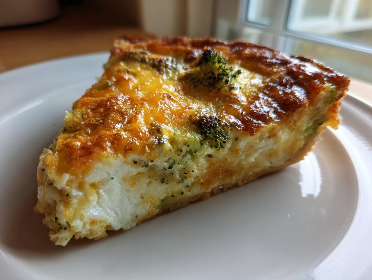 A slice of Quiche mit Brokkoli und Käse on a white plate, showcasing the cheesy topping and broccoli.