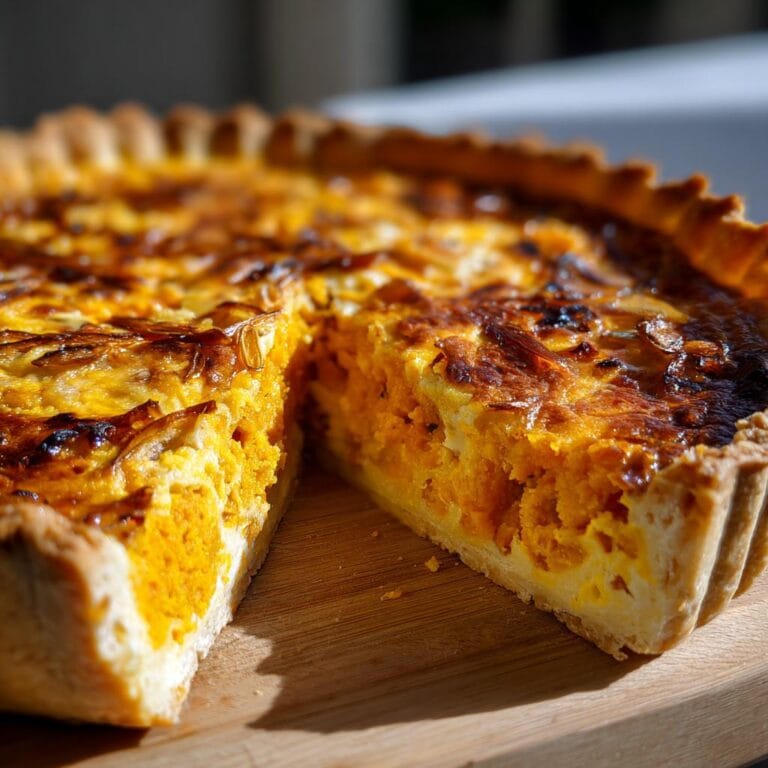 Delicious Quiche mit Kürbis und Zwiebeln, a savory pumpkin and onion quiche on a wooden board.