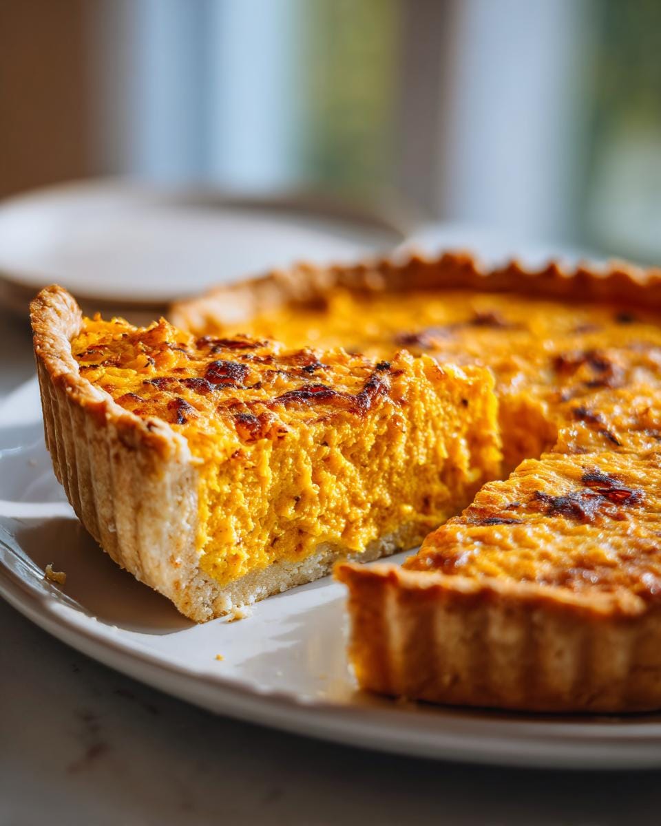 A slice of Quiche mit Kürbis und Zwiebeln (pumpkin and onion quiche) on a white plate.