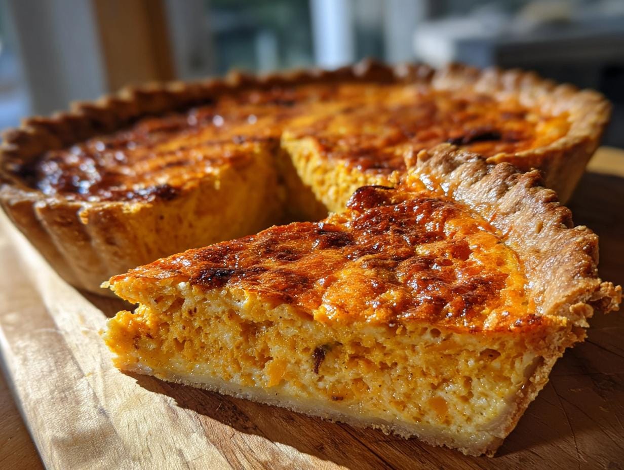 A slice of Quiche mit Kürbis und Zwiebeln (pumpkin and onion quiche) on a wooden board.