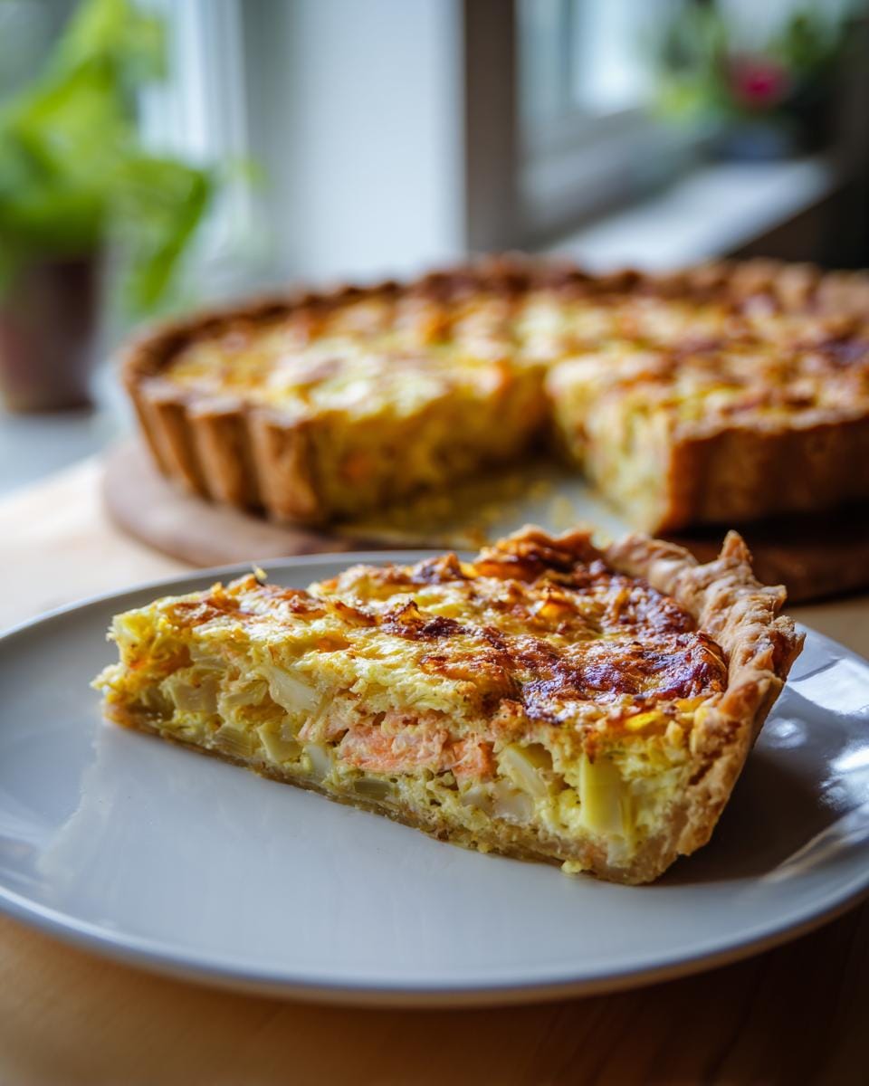 A slice of Quiche mit Lachs und Lauch (quiche with salmon and leek) on a white plate, with the rest of the quiche in the background.