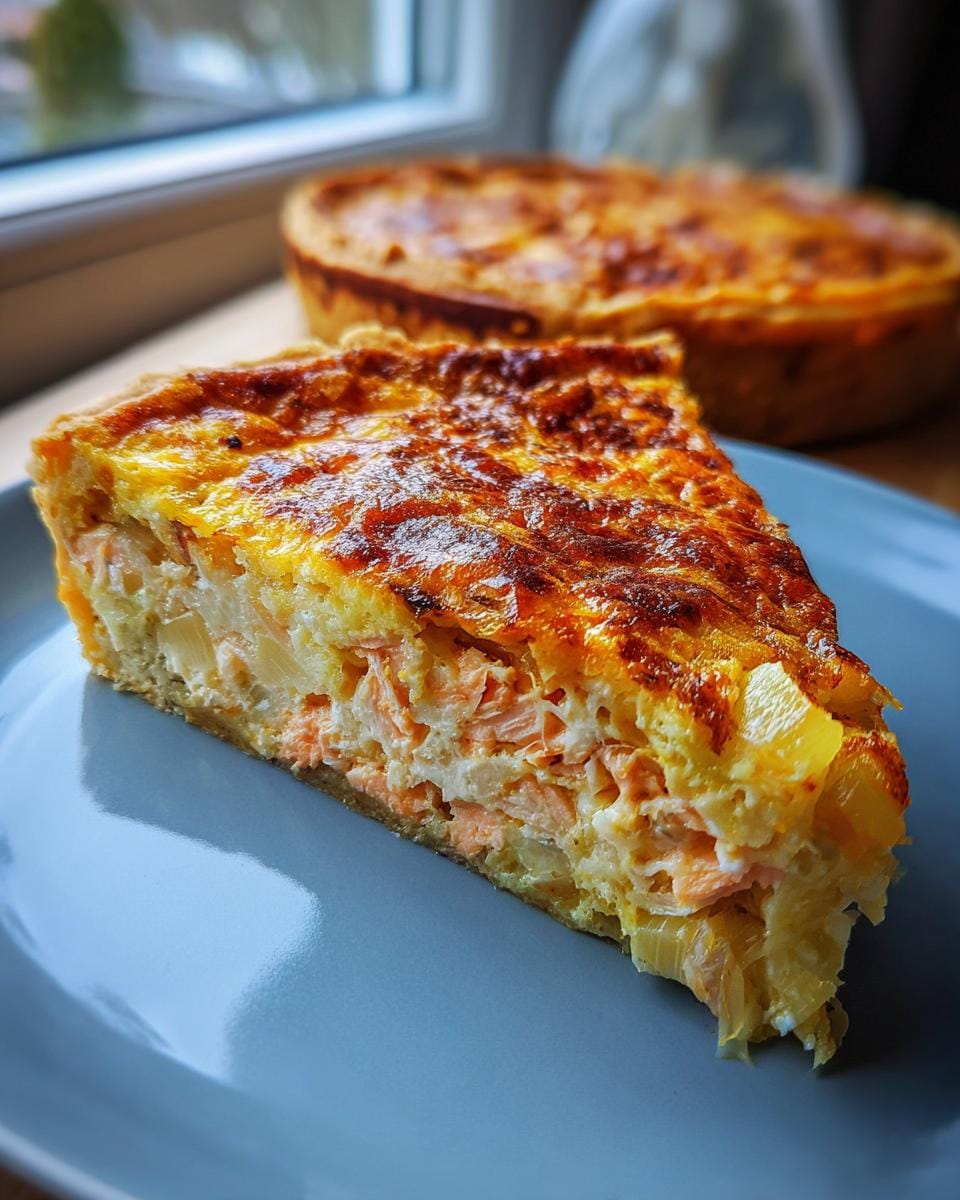 A slice of Quiche mit Lachs und Lauch on a plate, showcasing the salmon and leek filling.