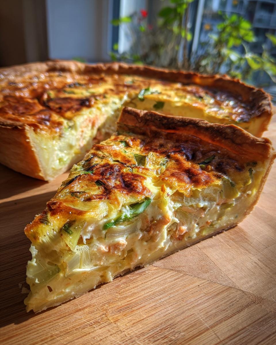 A slice of Quiche mit Lachs und Lauch, showcasing the salmon and leek filling in a flaky crust.