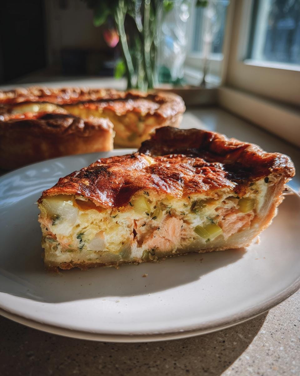A slice of Quiche mit Lachs und Lauch (salmon and leek quiche) on a plate, showcasing its flaky crust and creamy filling.