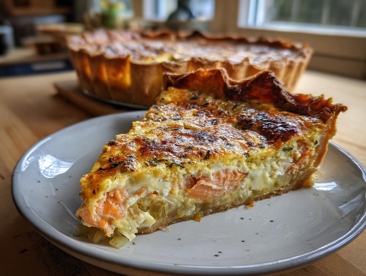 A slice of Quiche mit Lachs und Lauch (quiche with salmon and leek) on a plate, with the whole quiche in the background.