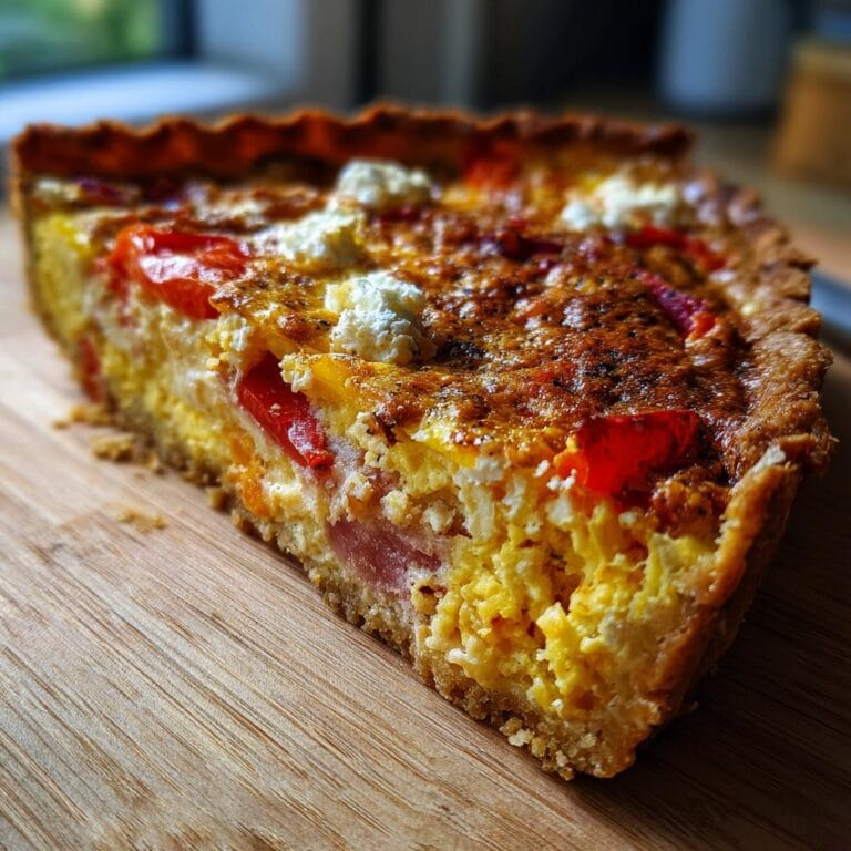 A delicious slice of Quiche mit Paprika und Schafskäse (quiche with peppers and feta cheese) on a wooden board.