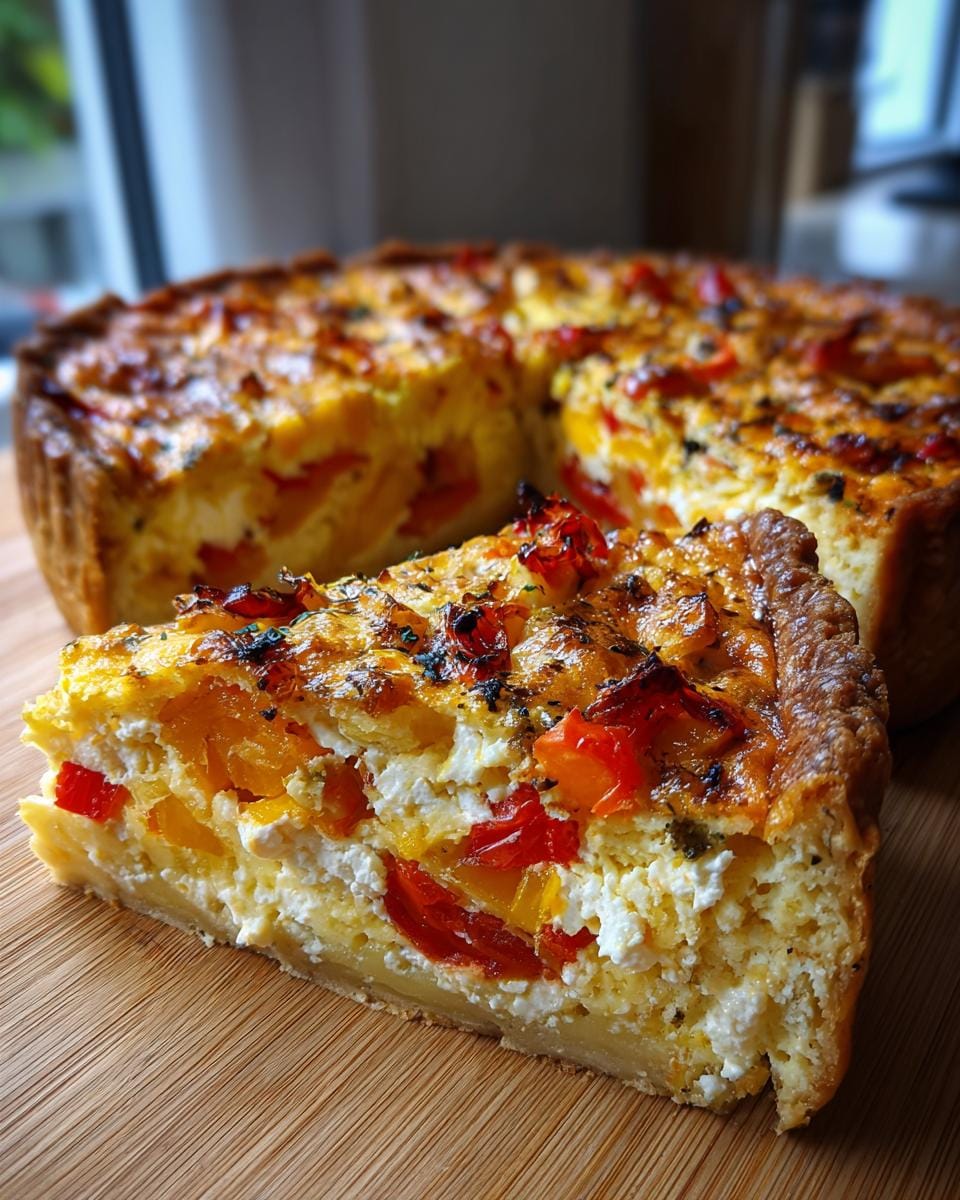 A slice of Quiche mit Paprika und Schafskäse (pepper and feta quiche) on a wooden board.