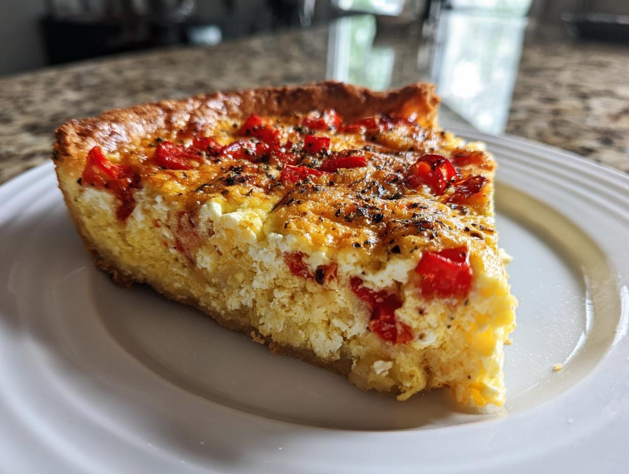 A slice of Quiche mit Paprika und Schafskäse (quiche with peppers and feta cheese) on a white plate.