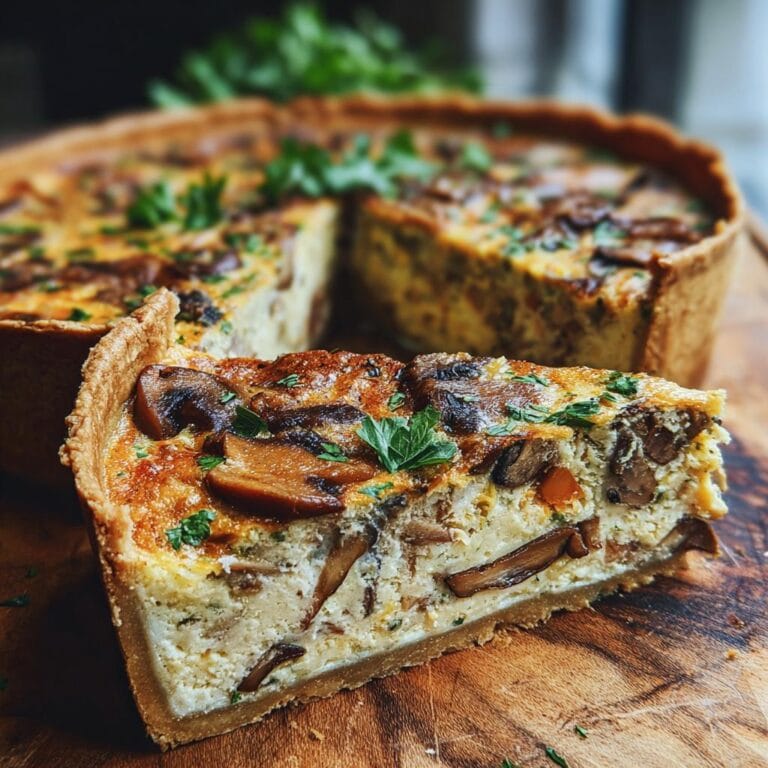 A slice of Quiche mit Pilzen und Petersilie, showcasing mushrooms and parsley on a wooden board.